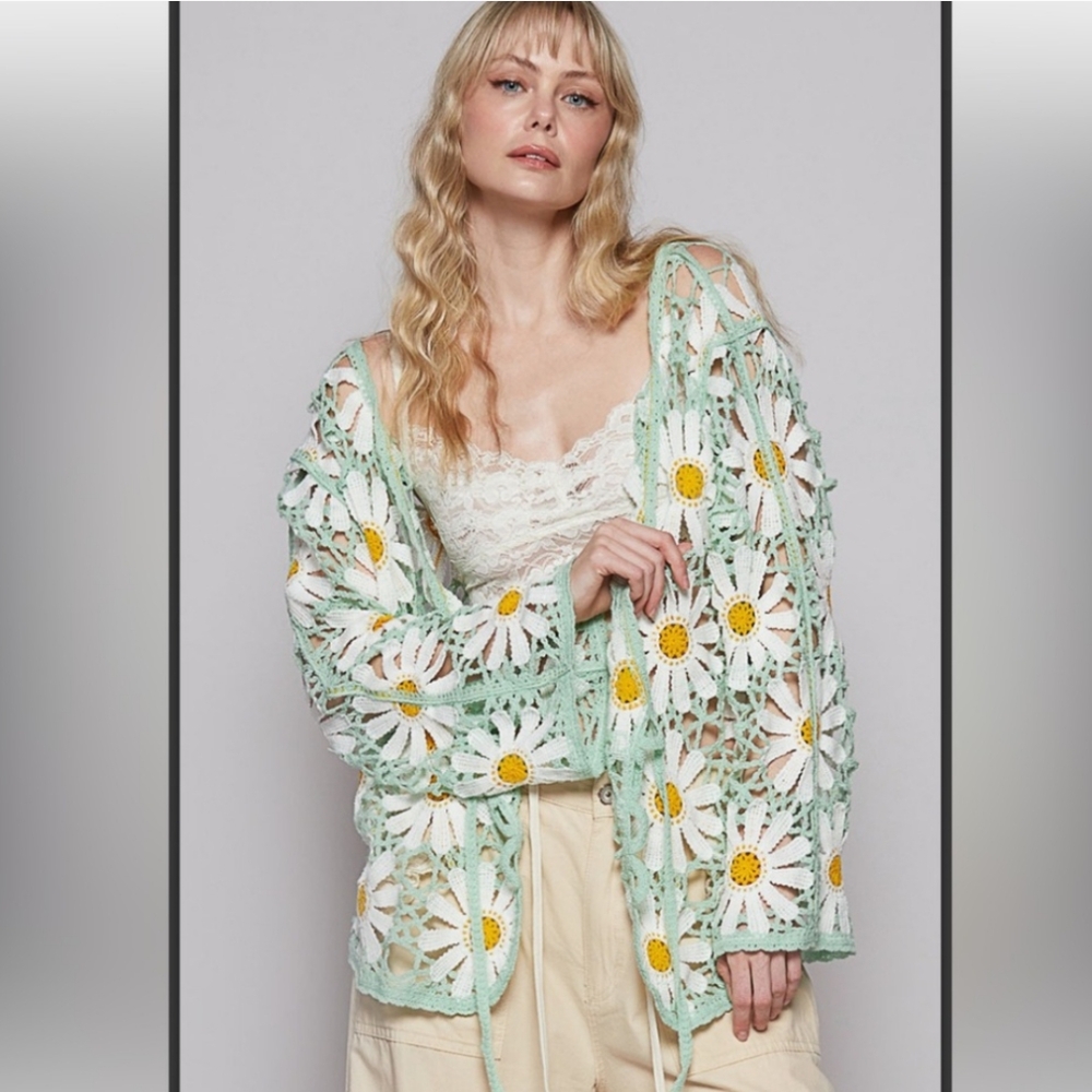 POL Mint Green and White Daisy Crochet Cardigan